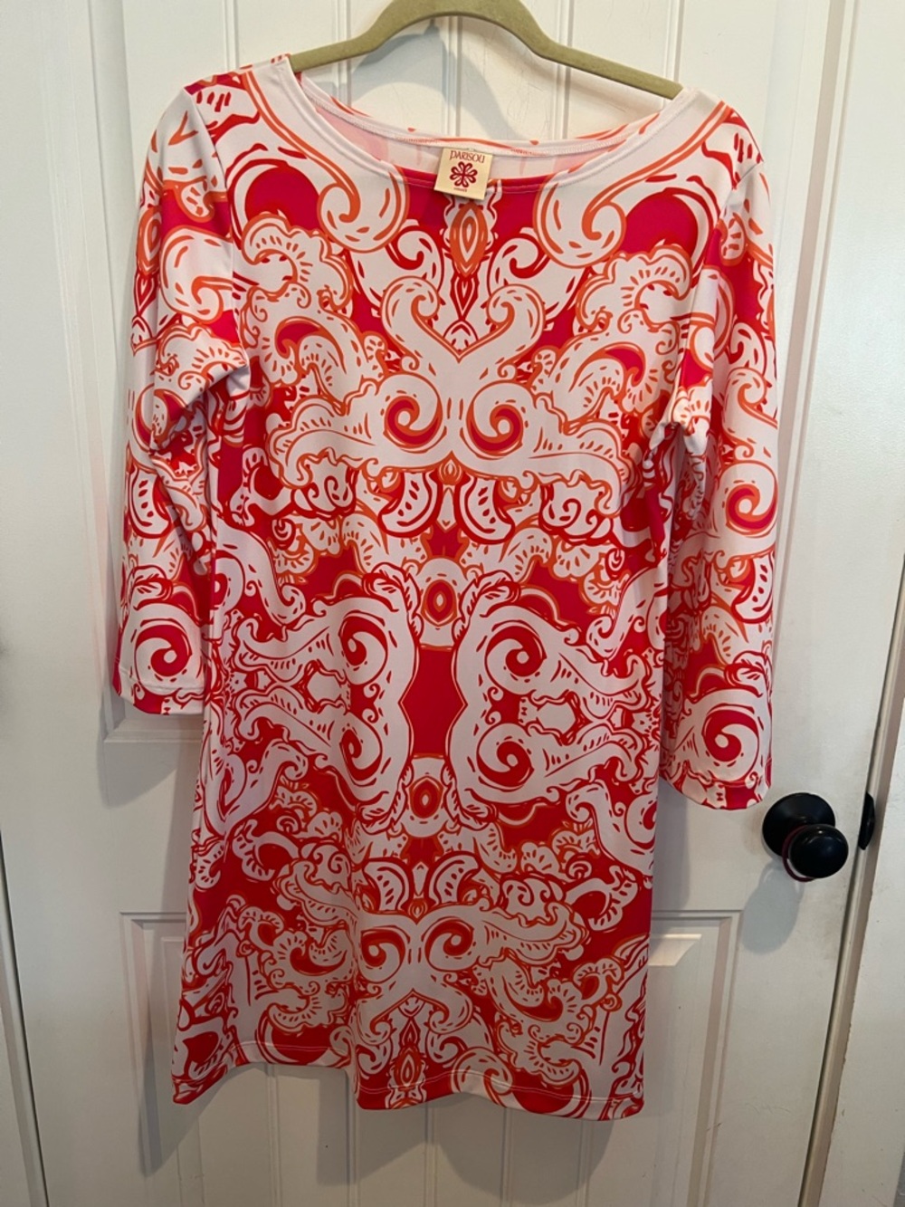 Aris Coral and White Patterned Shift Dress with Long Sleeves